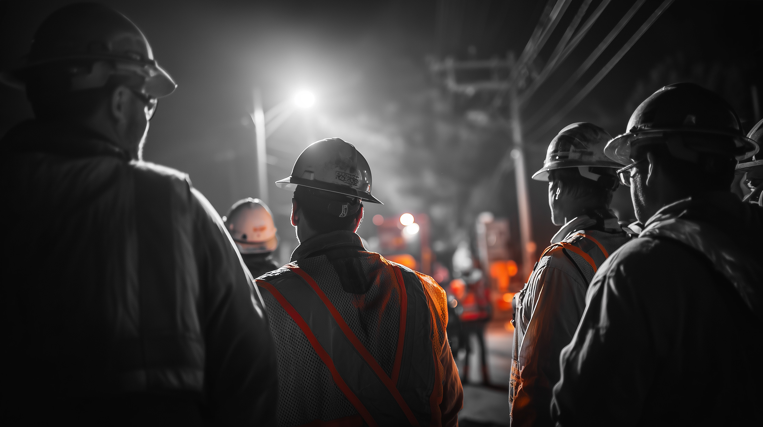 Utility construction crew working together at night, representing employee ownership at Legacy Utility Group