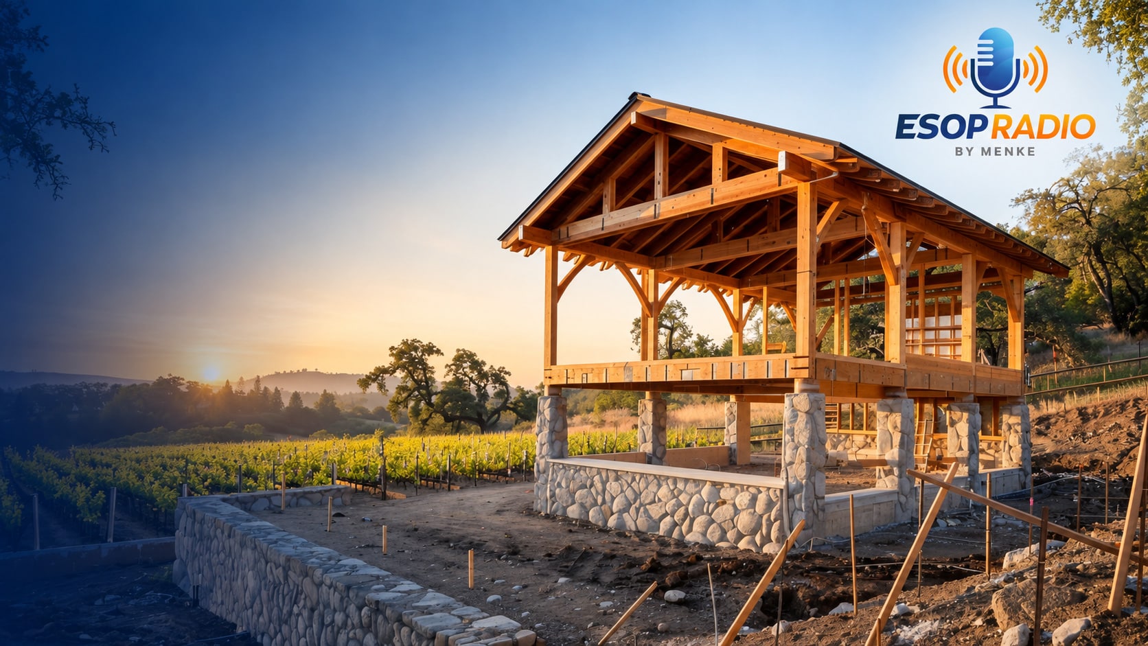 Partially completed timber frame on a stone foundation, representing a second stage ESOP transaction to full ownership