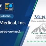 Menke congratulations graphic announcing Pacific Medical, Inc. is now 30% employee-owned, with the Pacific Medical mountain logo