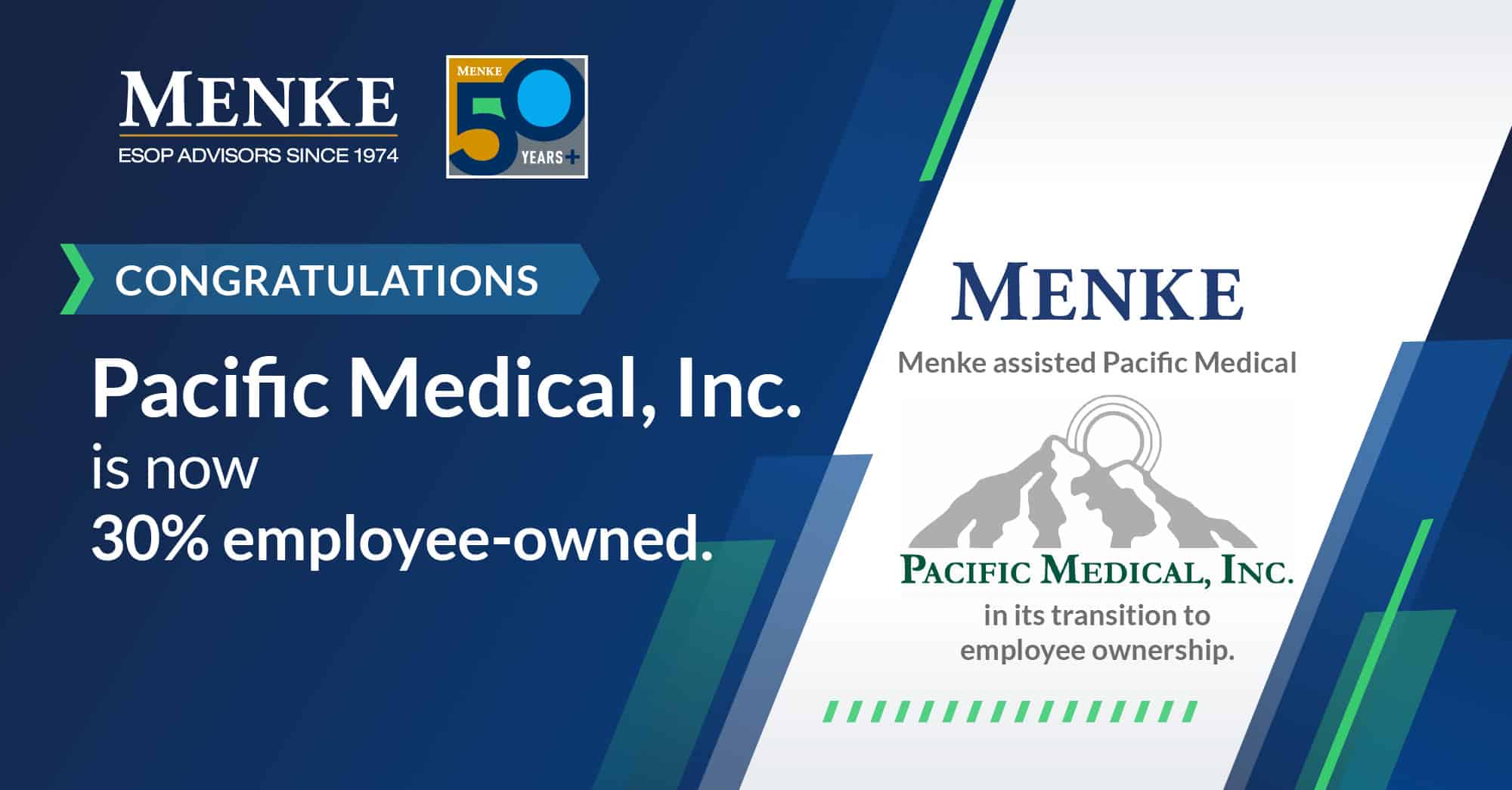 Menke congratulations graphic announcing Pacific Medical, Inc. is now 30% employee-owned, with the Pacific Medical mountain logo